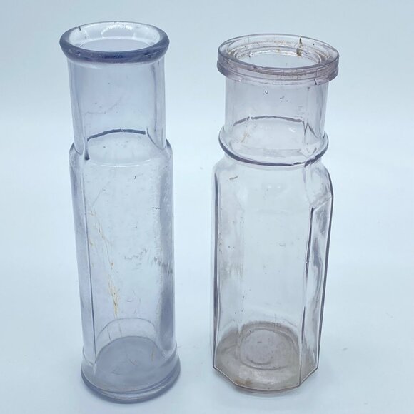 Vintage Glass Apothecary Bottles Set Of 2 Hexagonal Cylindrical UV Reactive - Picture 1 of 15